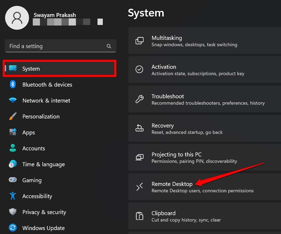 configurações de desktop remoto Windows 11