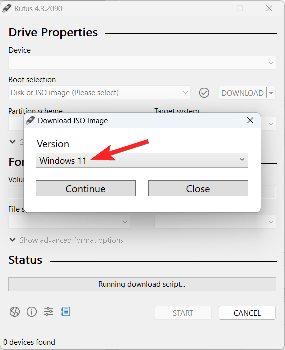 Wählen Sie Windows 11 im Versions-Dropdown aus