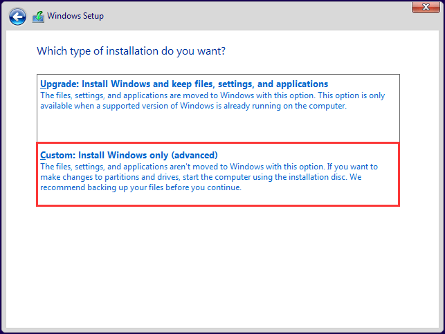 사용자 지정 Windows만 설치 선택하기