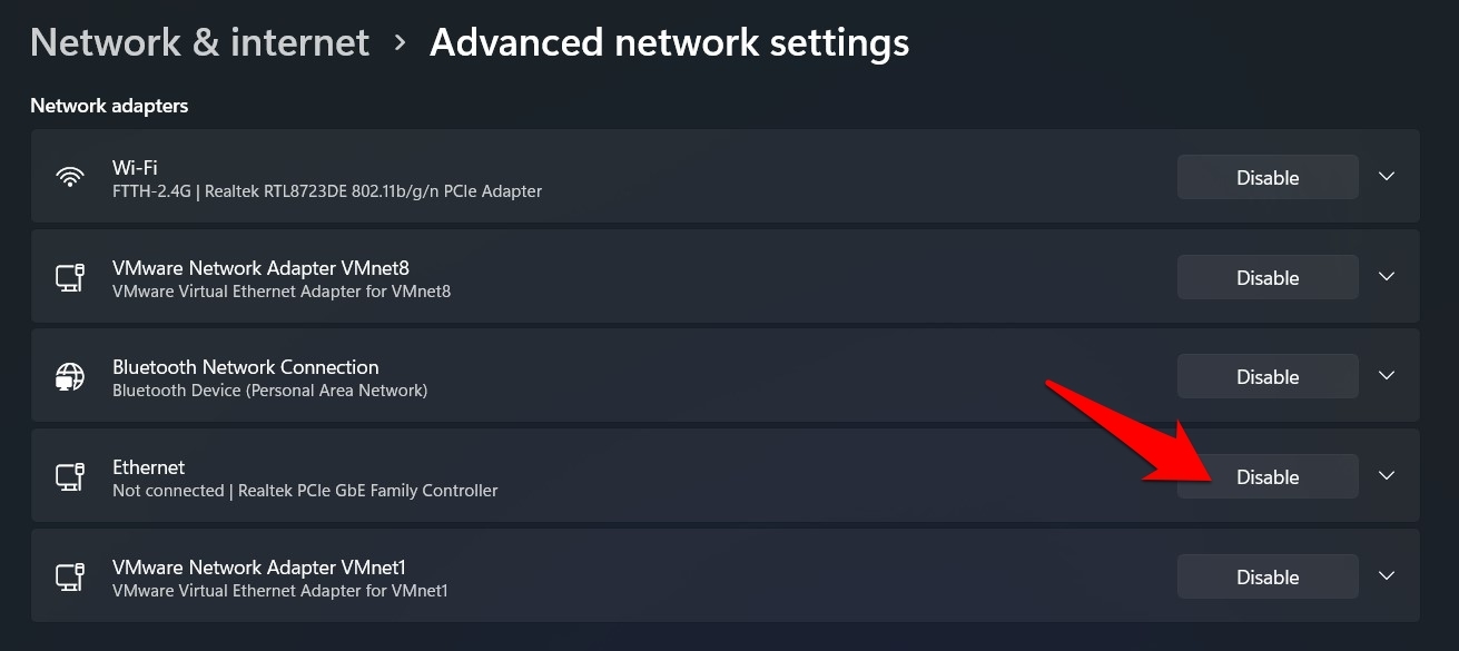 deshabilitar ethernet a través de la configuración de Windows 11