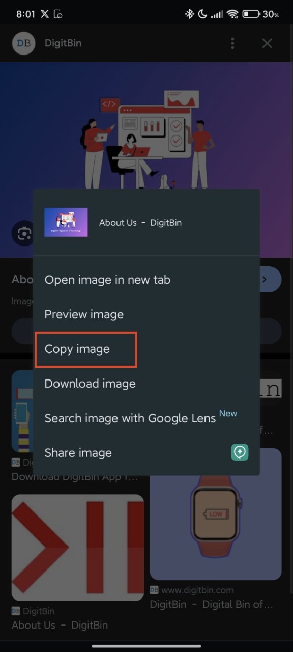 tocar en copiar imagen en Chrome