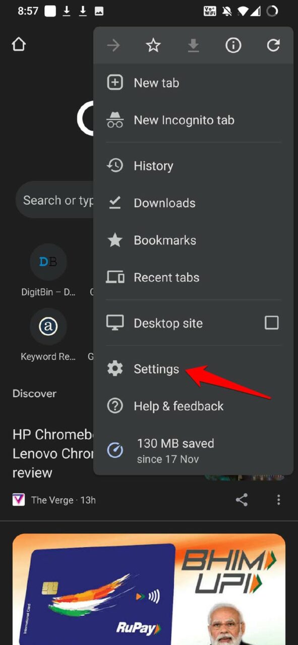 открыть настройки Chrome на Android устройстве