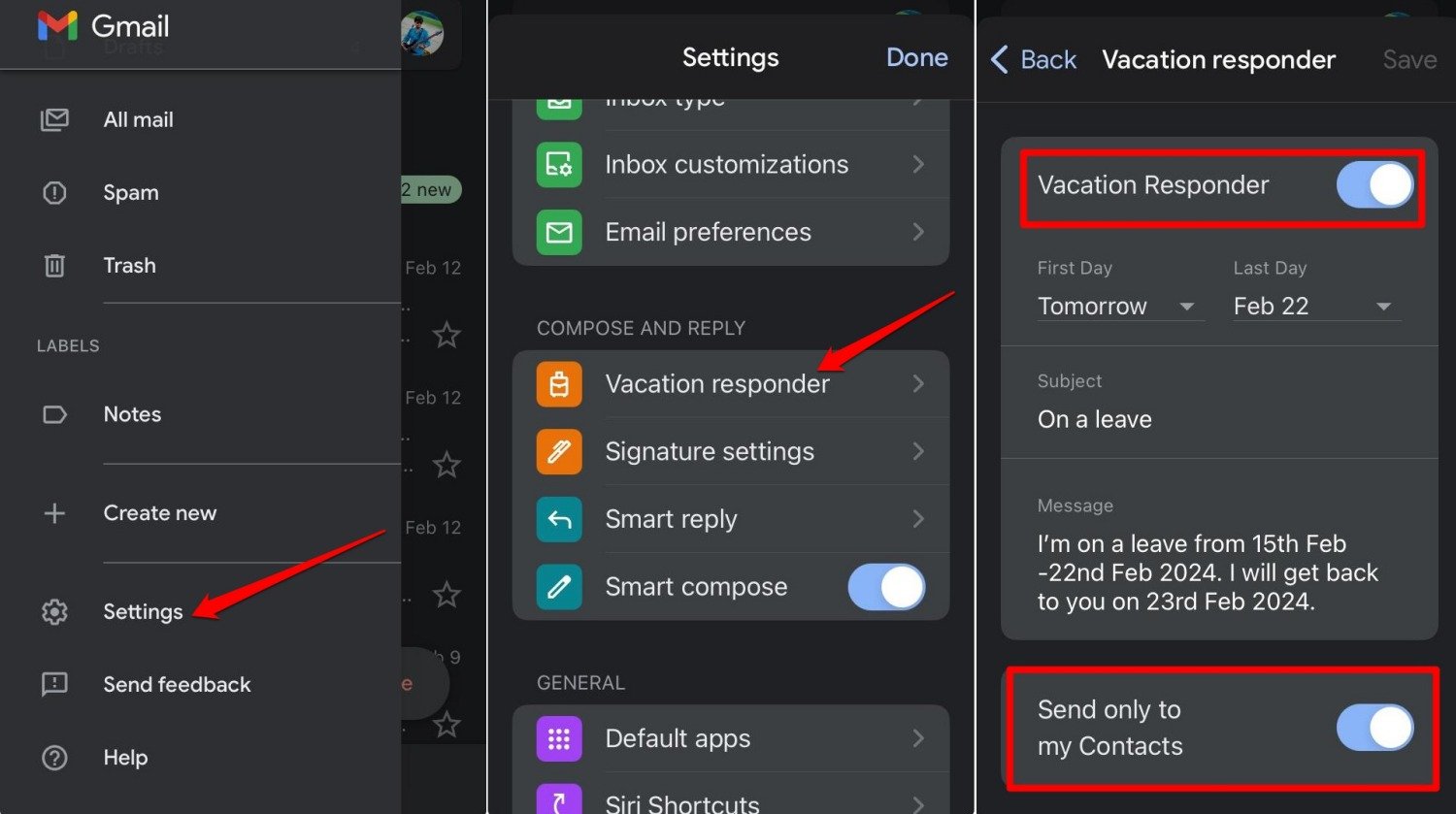 Gmail vacation responder on iPhone