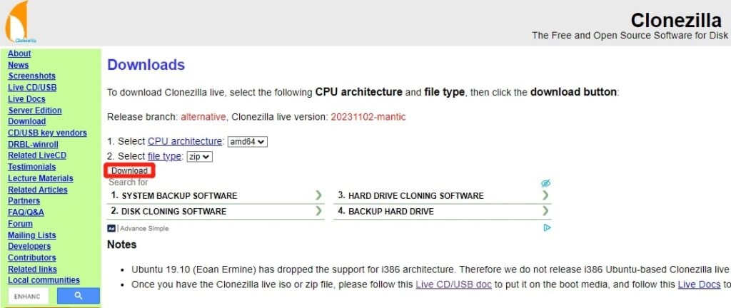 Download Clonezilla on Windows