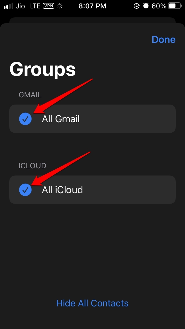 sélectionner tous les comptes synchronisés sur les contacts iPhone