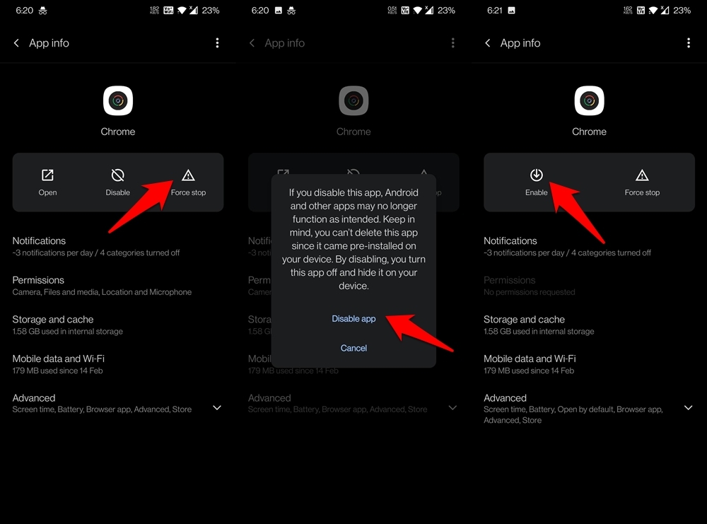 disabilita l'app google chrome su android