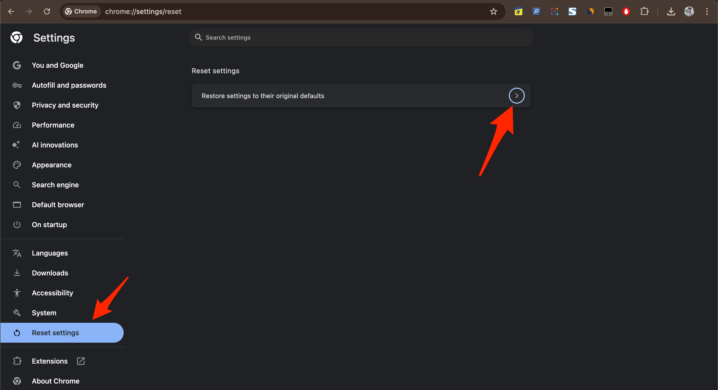 Clique em Restaurar configurações para os padrões originais