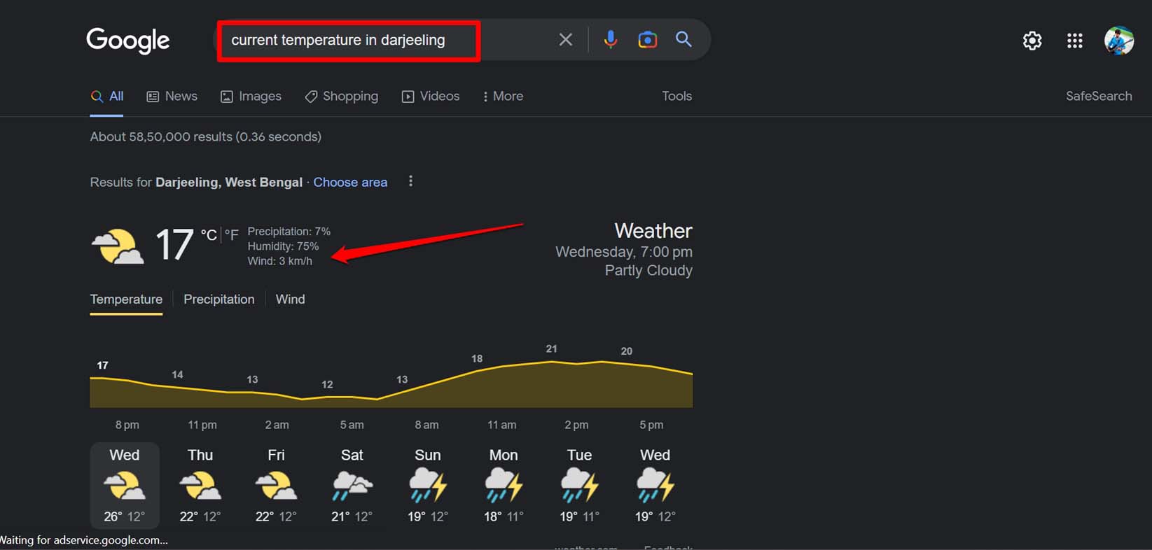 verificar detalhes do tempo usando a pesquisa do Google no Windows