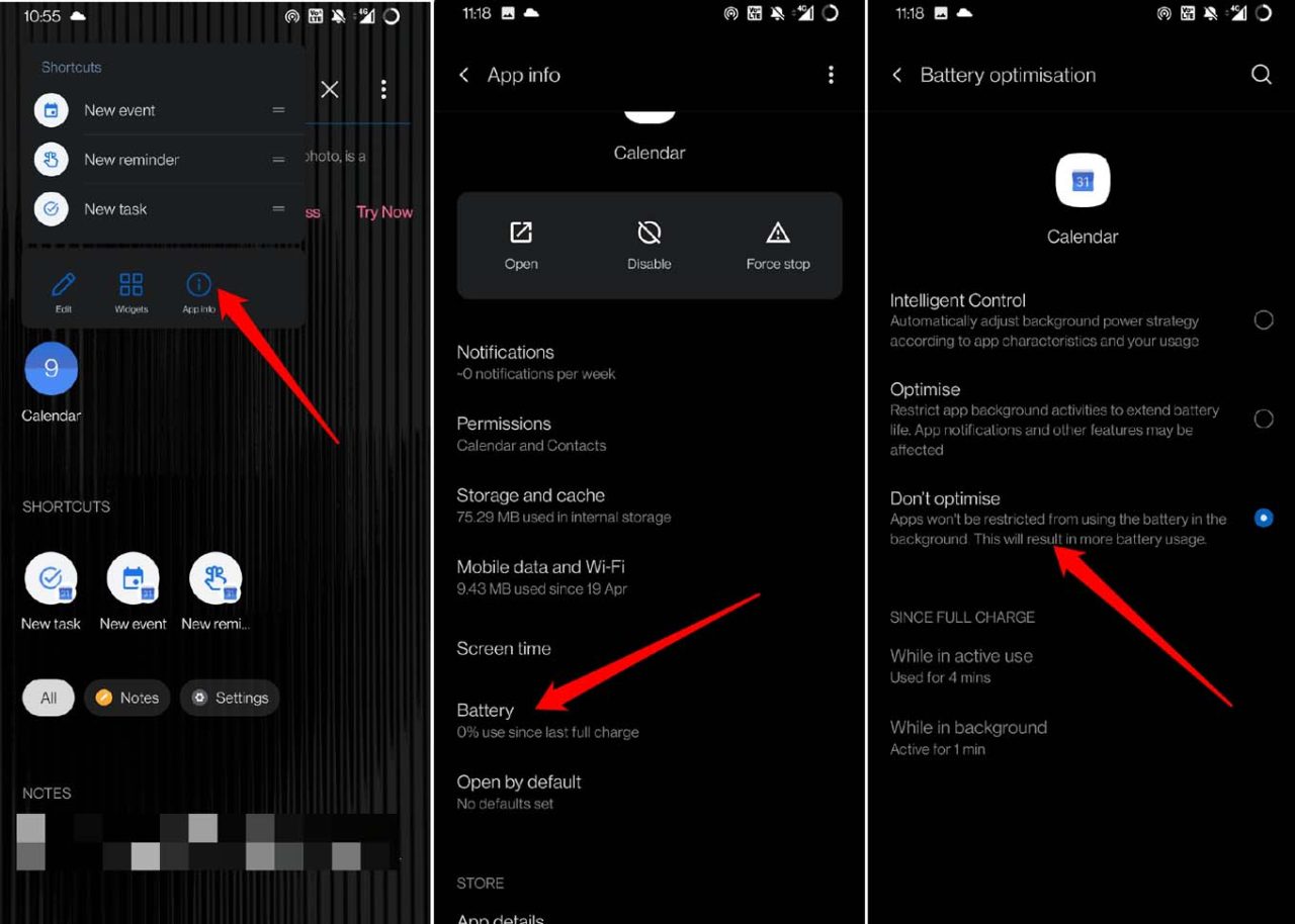 não otimizar bateria para o google calendar