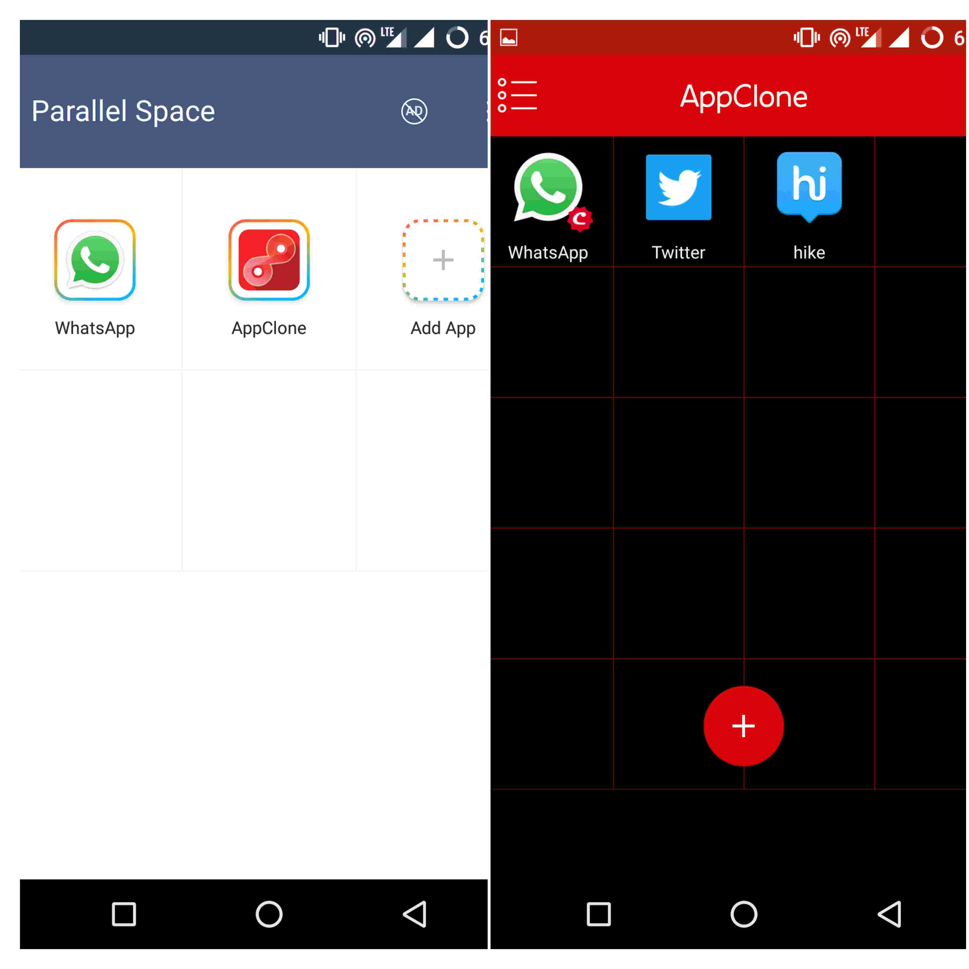 WhatsApp et App Clone clonés dans Parallel Space et WhatsApp cloné dans l'application clonée