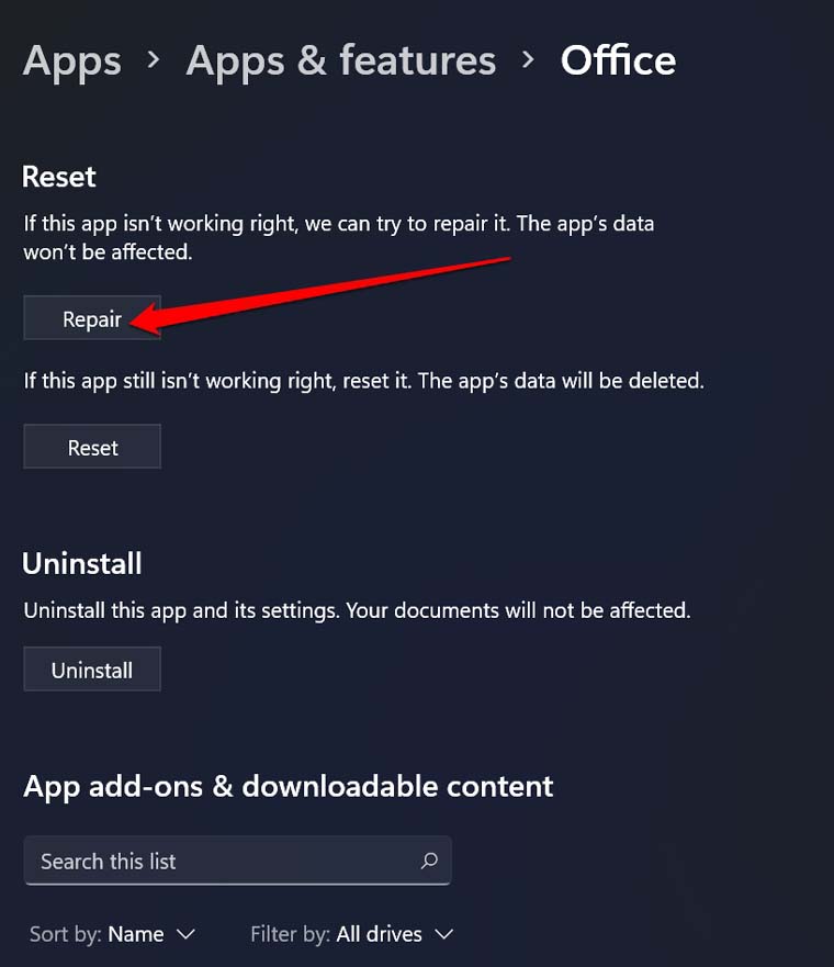 ripara la suite Office 365