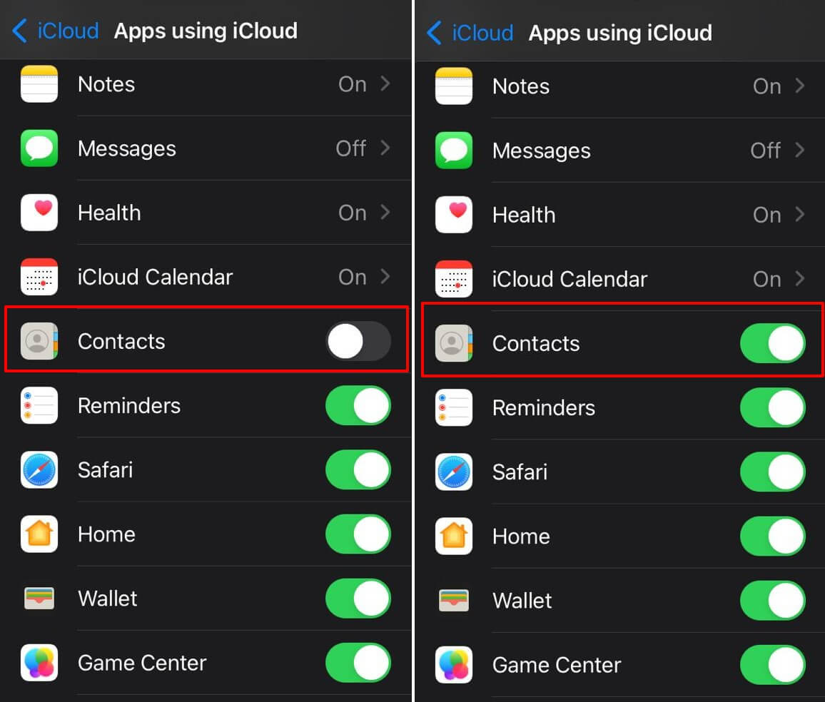 disabilitare e abilitare la sincronizzazione dei contatti iCloud