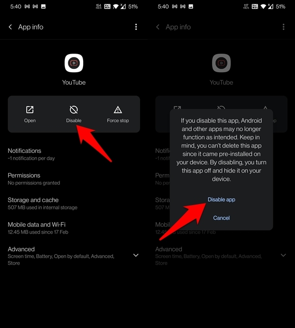désactiver l'application youtube android