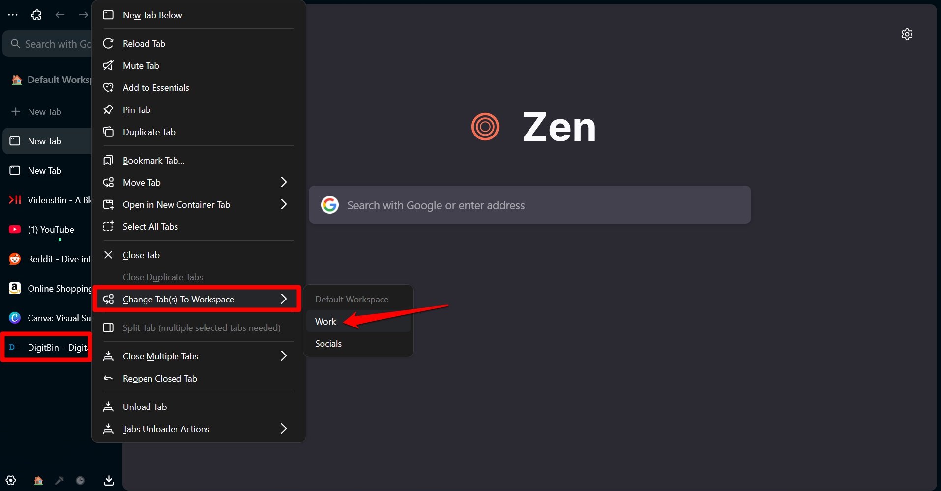 Tab in den ersten Arbeitsbereich ändern