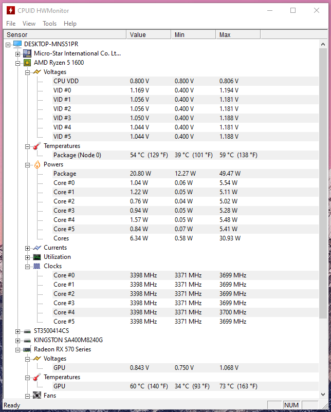 대기 상태에서의 CPU 온도