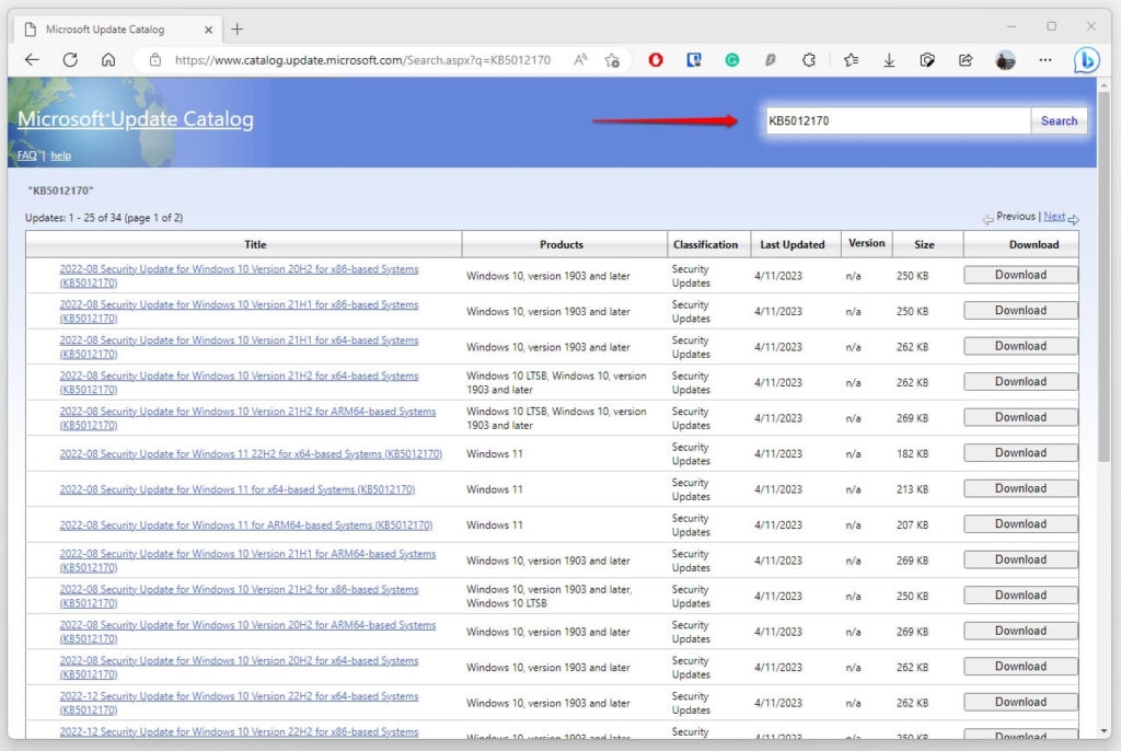 Catalogo aggiornamenti Microsoft - Codice di errore 0x80004005 in Windows
