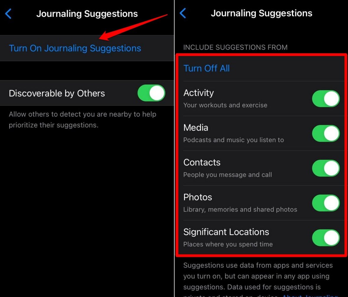 attiva suggerimenti di journaling