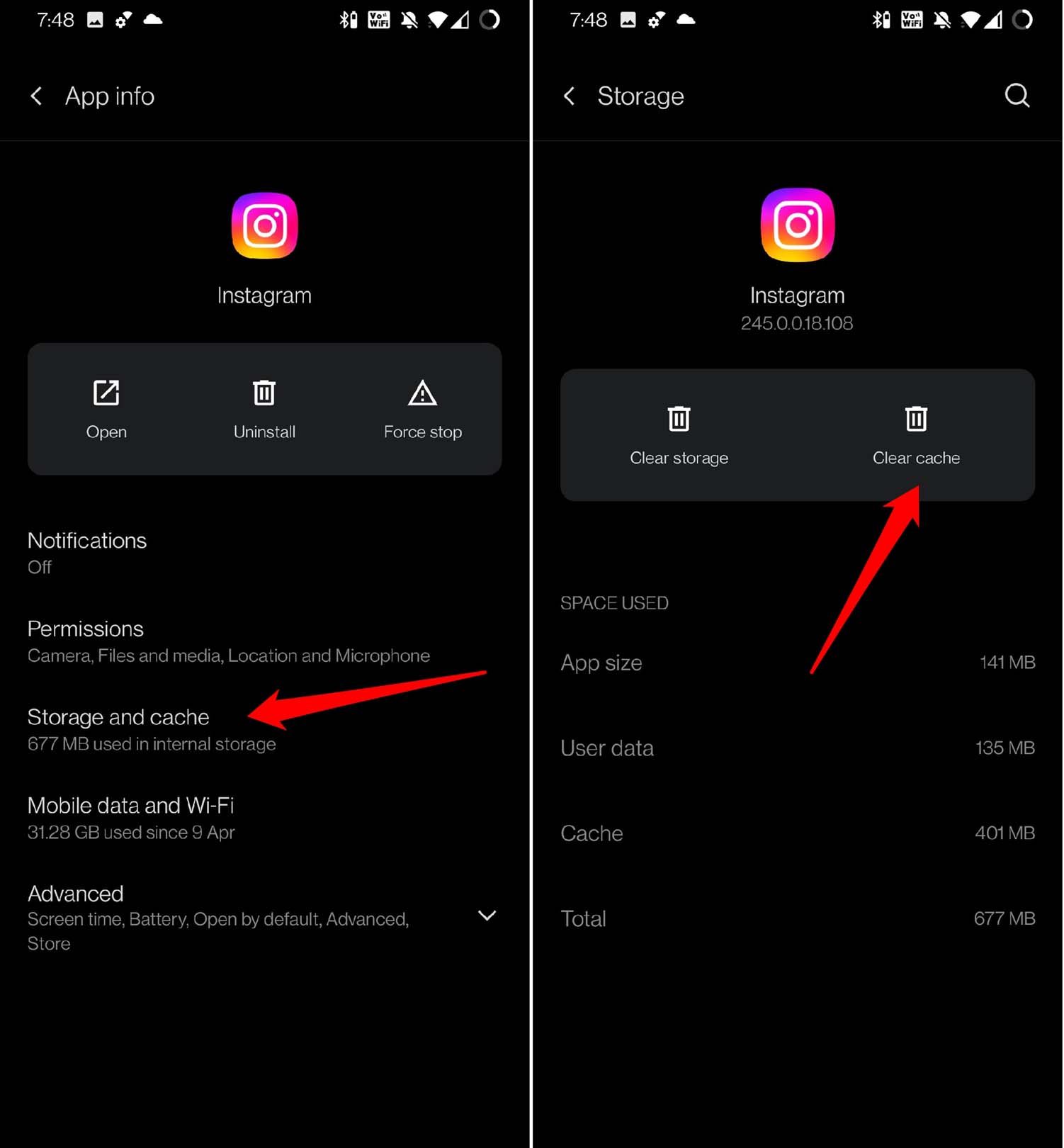 cancellare cache instagram