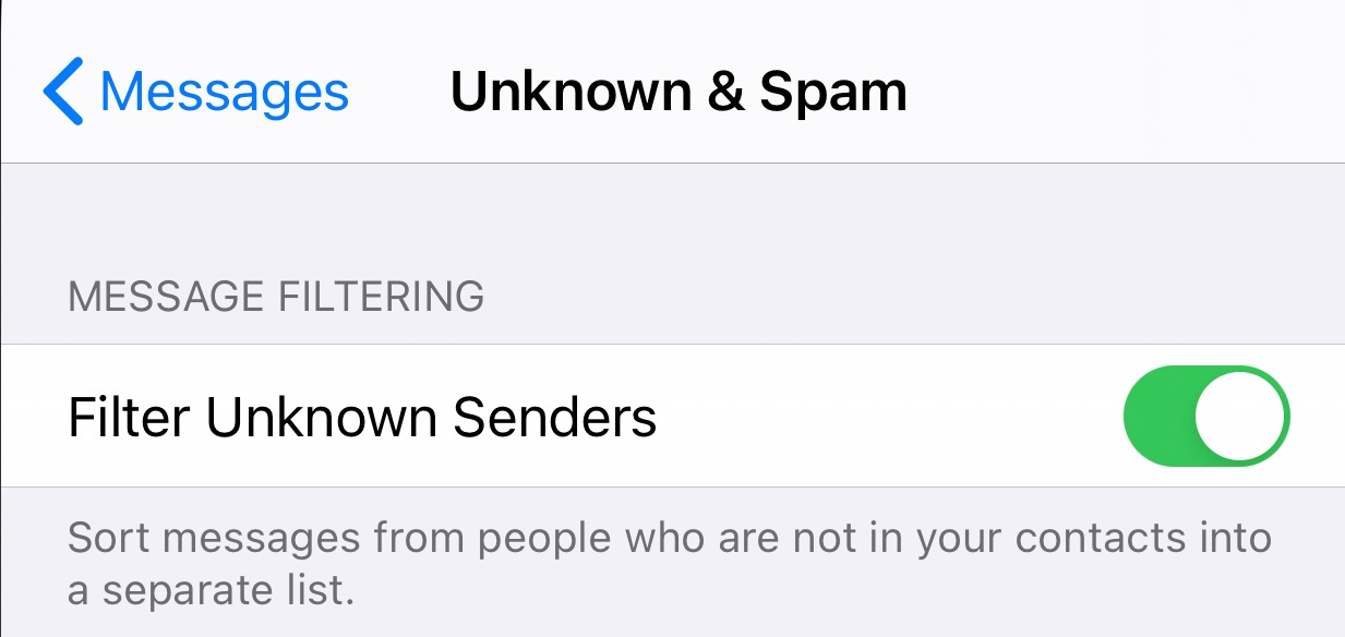 attiva il cursore per filtrare i mittenti sconosciuti per disattivare il filtro dei messaggi