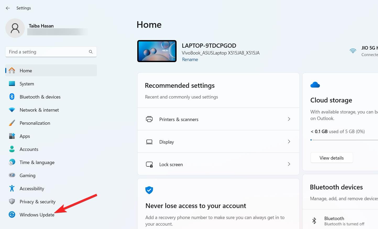 Wählen Sie Windows Update aus der linken Seitenleiste