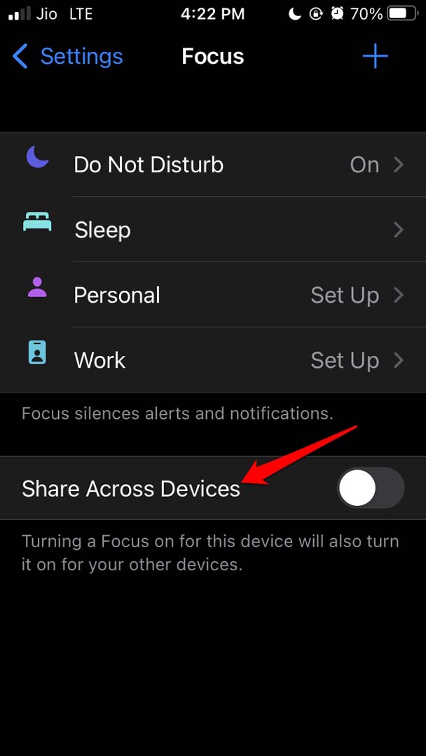 desactivar compartir entre dispositivos modo de enfoque iOS 15
