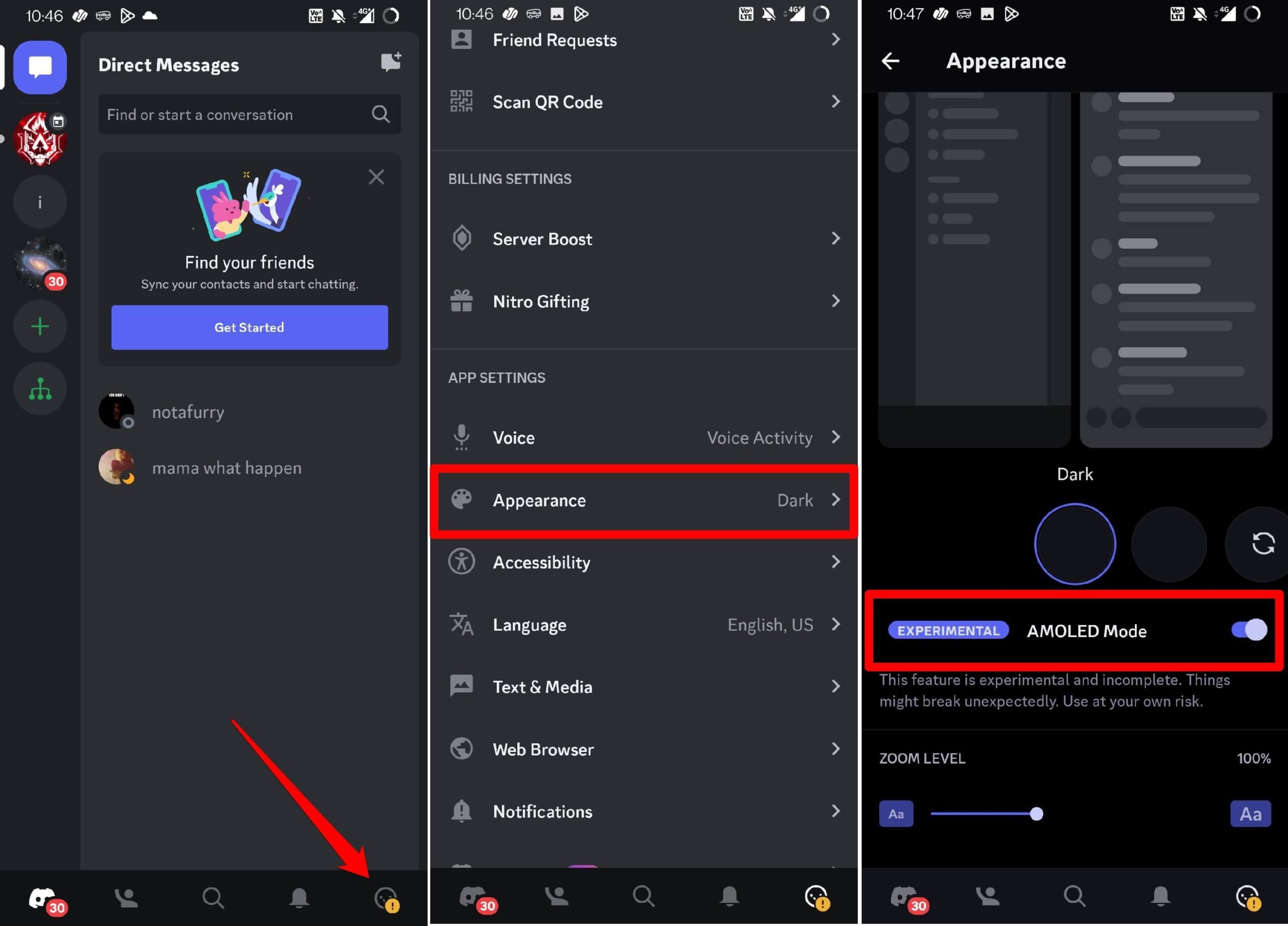 abilita modalità AMOLED nell'app Discord scalata