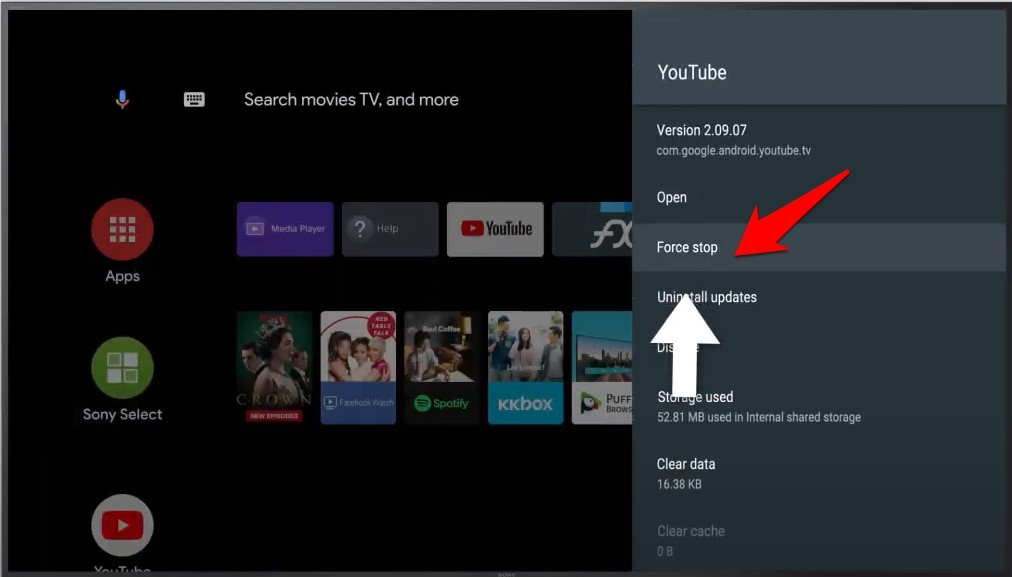 forcer l'arrêt de l'application youtube sur android tv