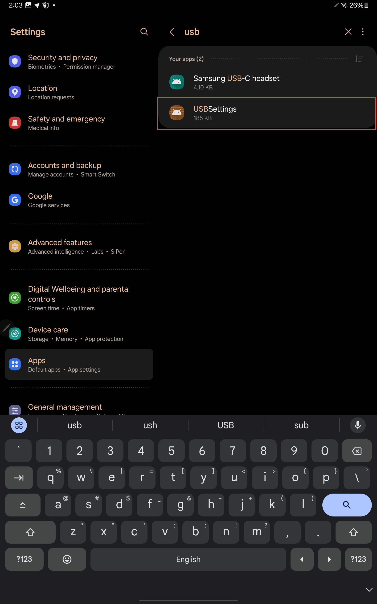 Abrir informações do aplicativo USBSettings
