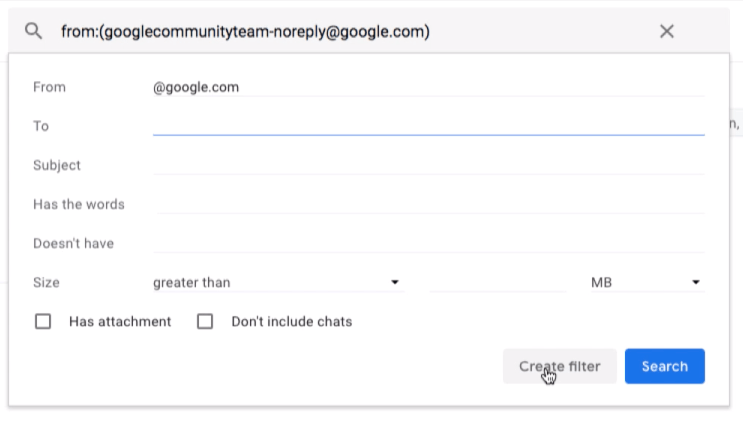 Options de filtre Gmail dans la barre de recherche