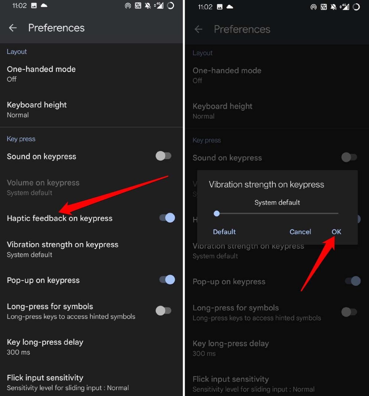 imposta la forza della vibrazione alla pressione dei tasti Gboard