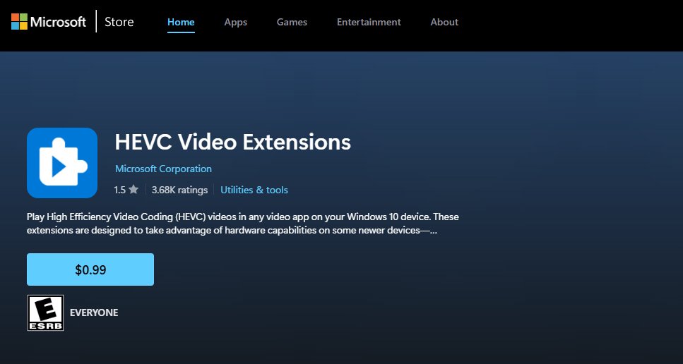 Instalar Extensões de Vídeo HEVC (₹85 ou $0.99) - Abrir arquivos HEIC no Windows 11