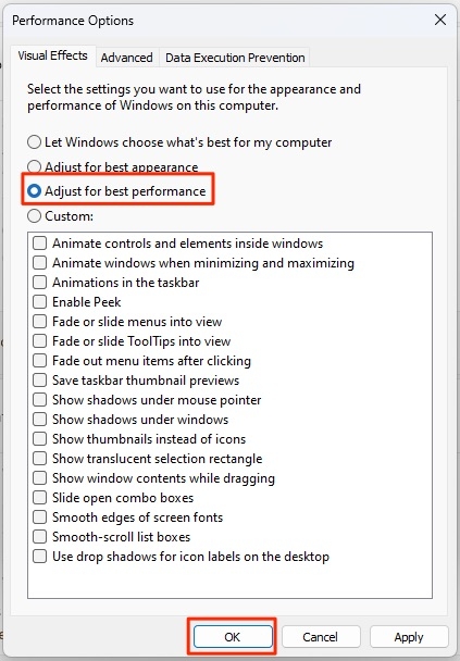 Opciones de rendimiento de efectos visuales - Error de inicio del controlador de pantalla de Nvidia