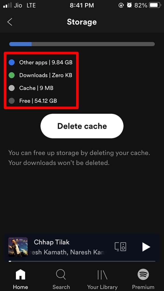 verificar almacenamiento del iPhone desde Spotify
