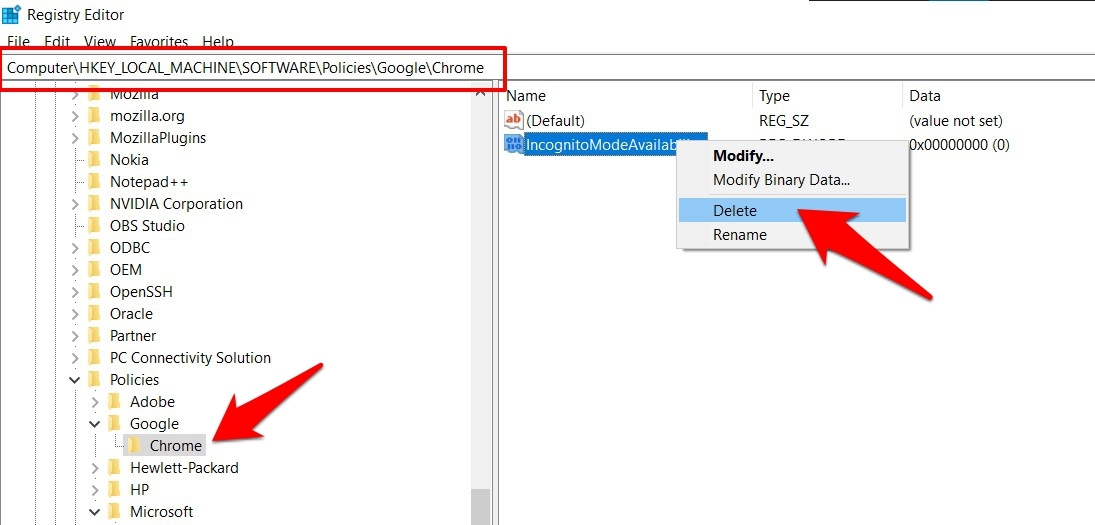 elimina editor del registro di chrome