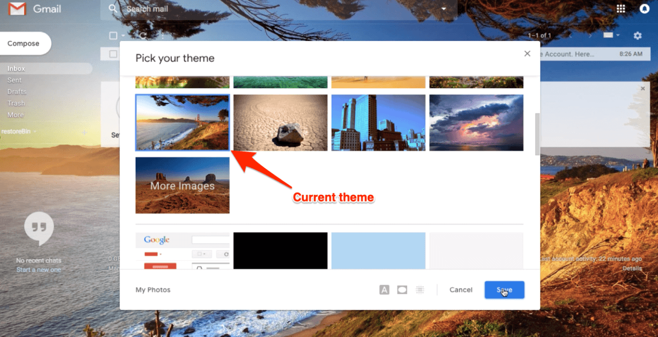 Sélection du thème actuel dans Gmail