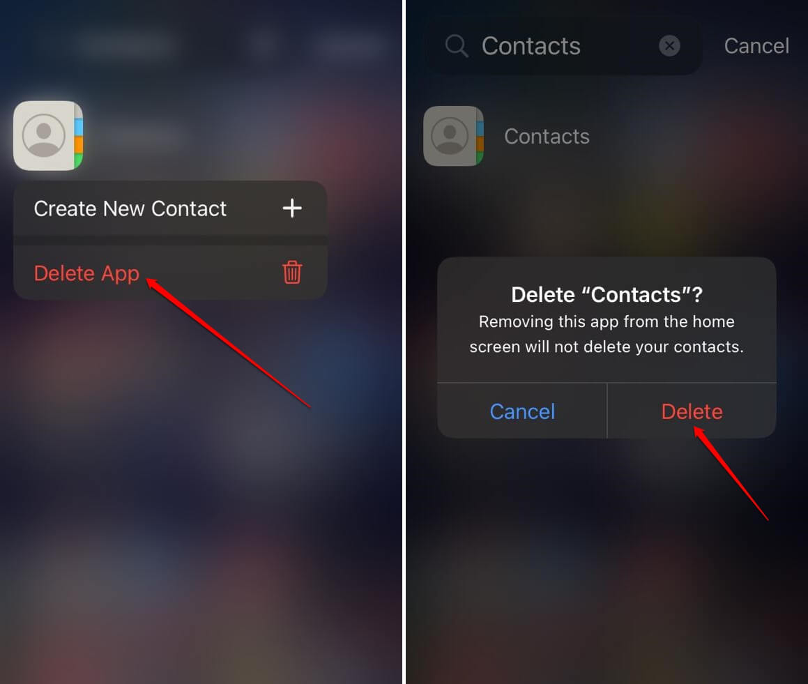 Elimina l'app Contatti iOS