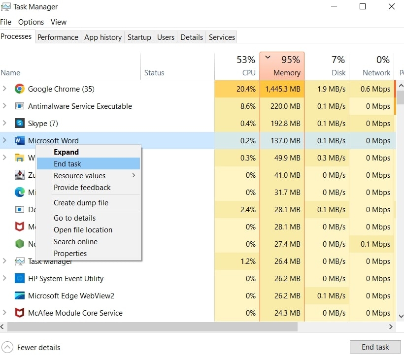 Fin de Microsoft Word depuis le Gestionnaire des tâches - Erreur Word 0x88ffc009 dans Windows 10/11