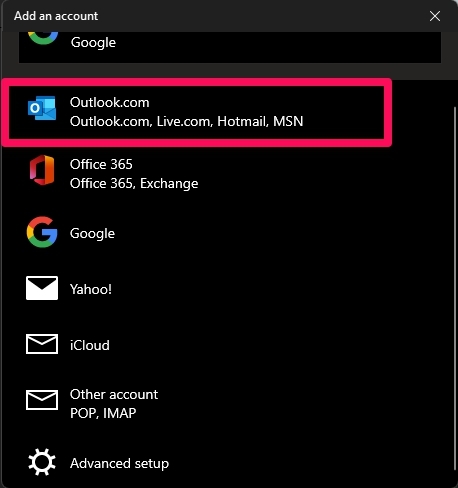 Adicionar Outlook