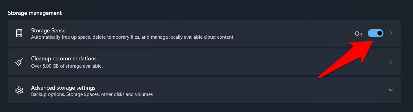 attiva storage sense in windows 11