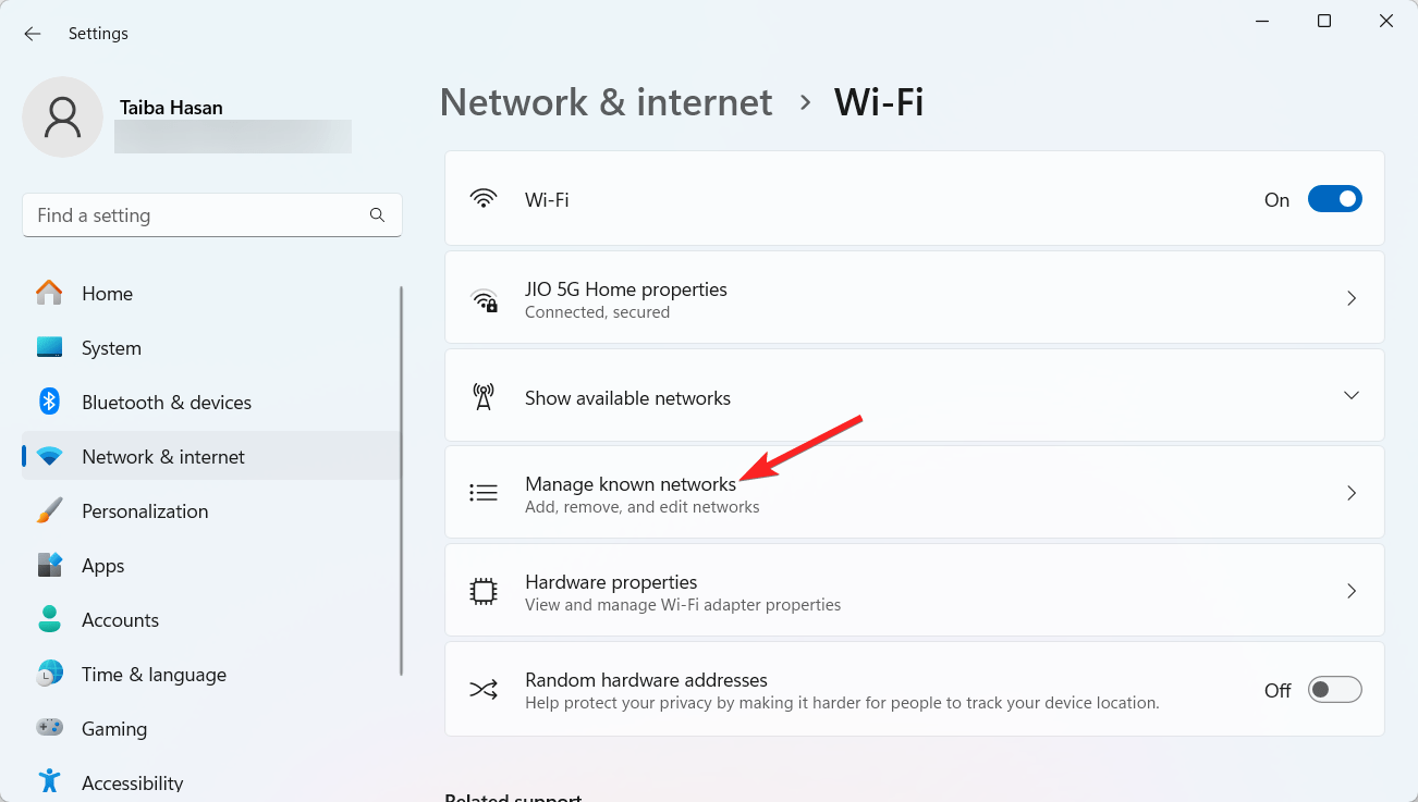 Wählen Sie Bekannte Netzwerke verwalten