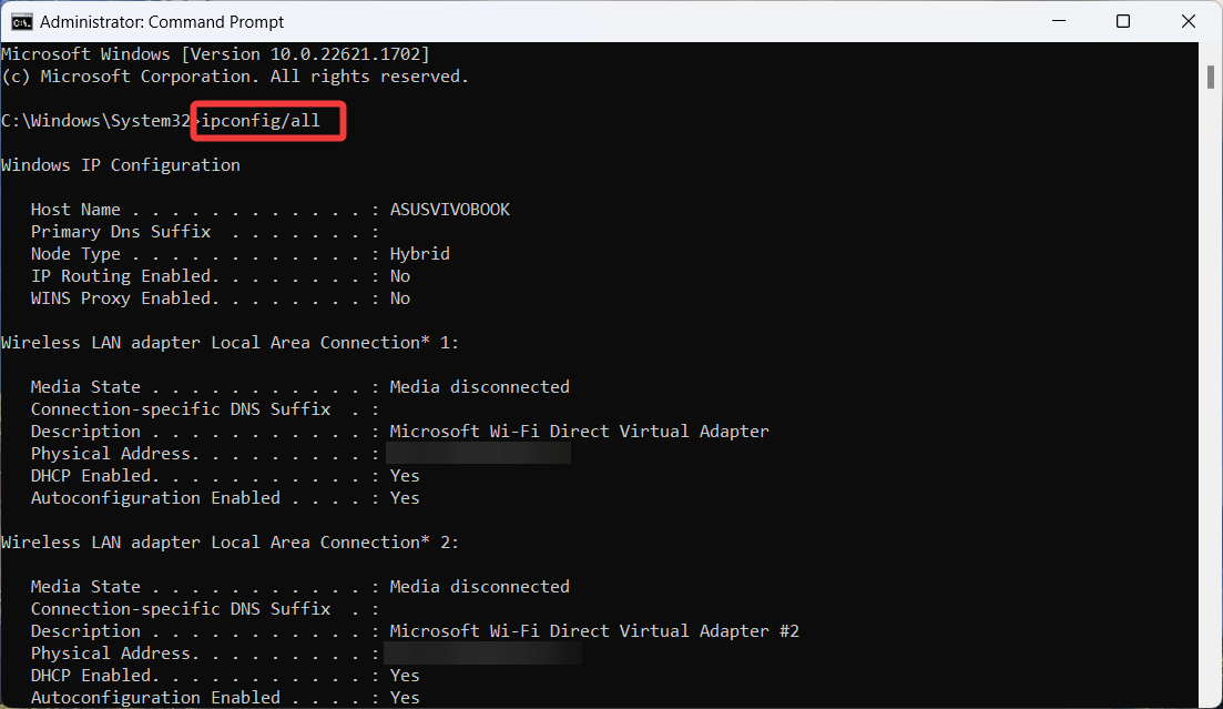 Ejecutar comando ipconfig