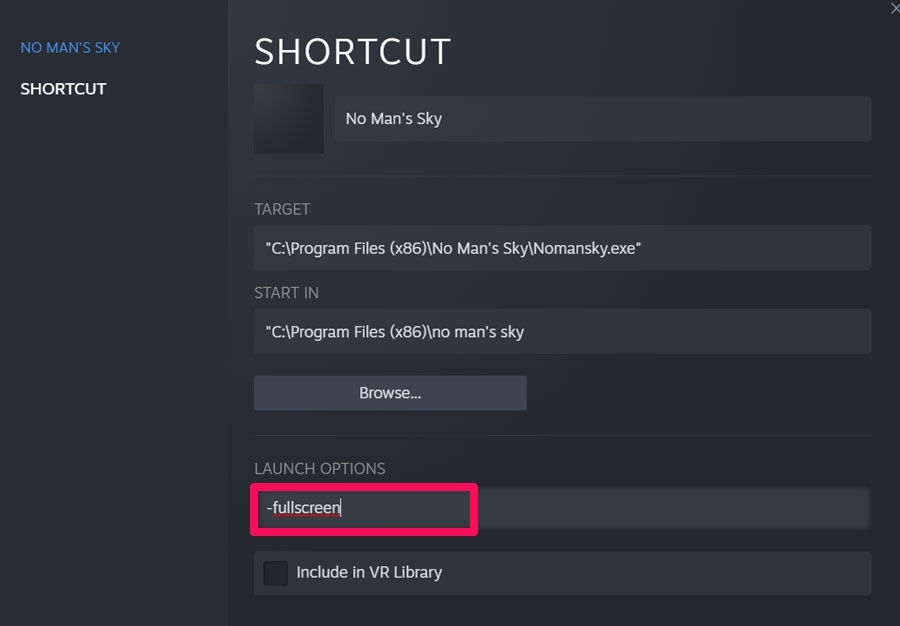 Verwenden Sie den -Fullscreen-Code in den Startoptionen