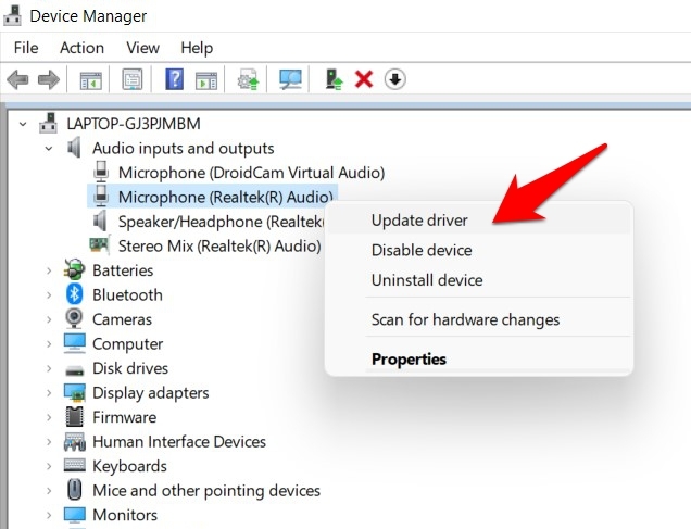 aggiorna driver microfono dal gestore dispositivi in windows 11