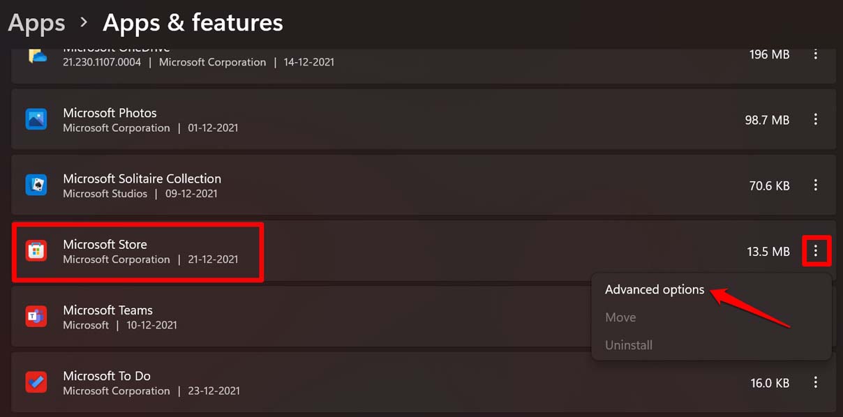 opciones avanzadas de Microsoft Store