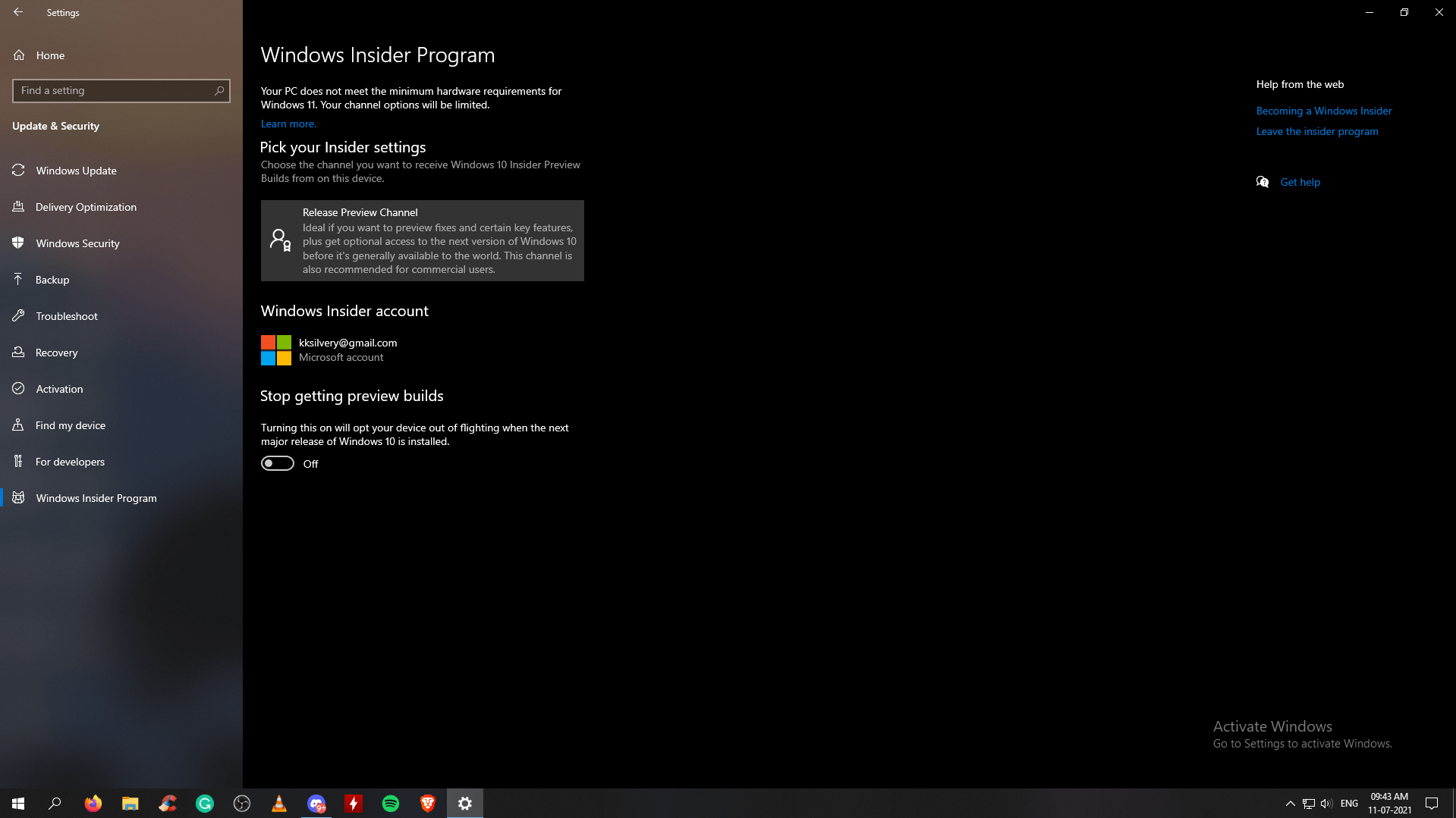Apri “Programma Windows Insider” e clicca su “Release Preview Channel.”
