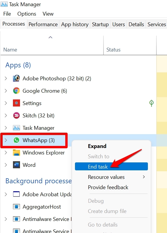 finalizar tarefa do WhatsApp no gerenciador de tarefas