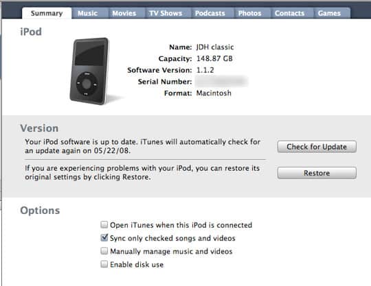 iPod exibe áudio, mas sem vídeo