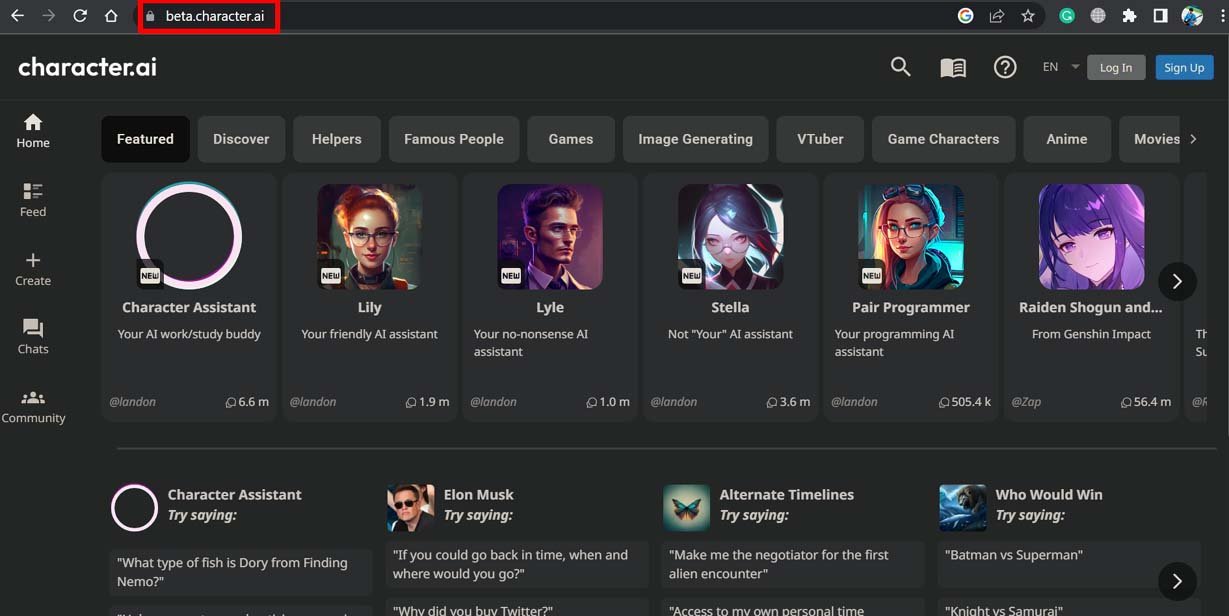 ricarica il sito web di Character AI