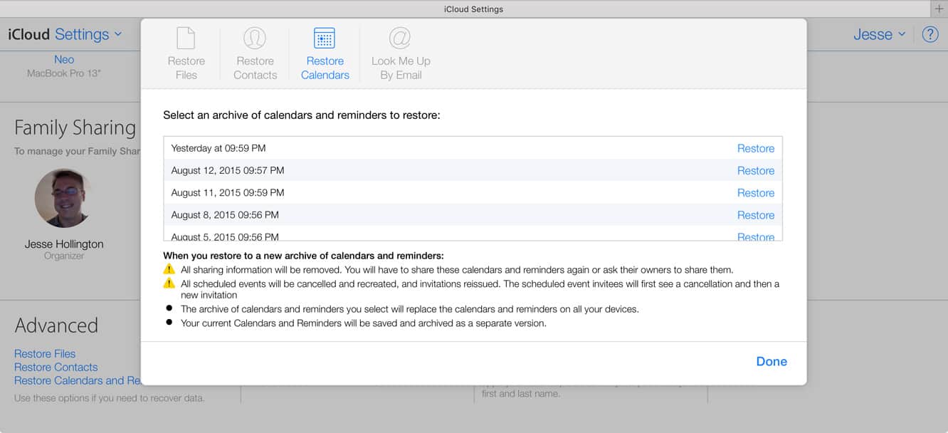 Restaurar Archivos, Contactos y Calendarios en iCloud