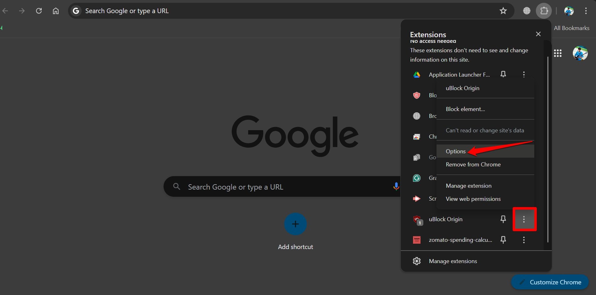 acceder al panel de control de ublock origin